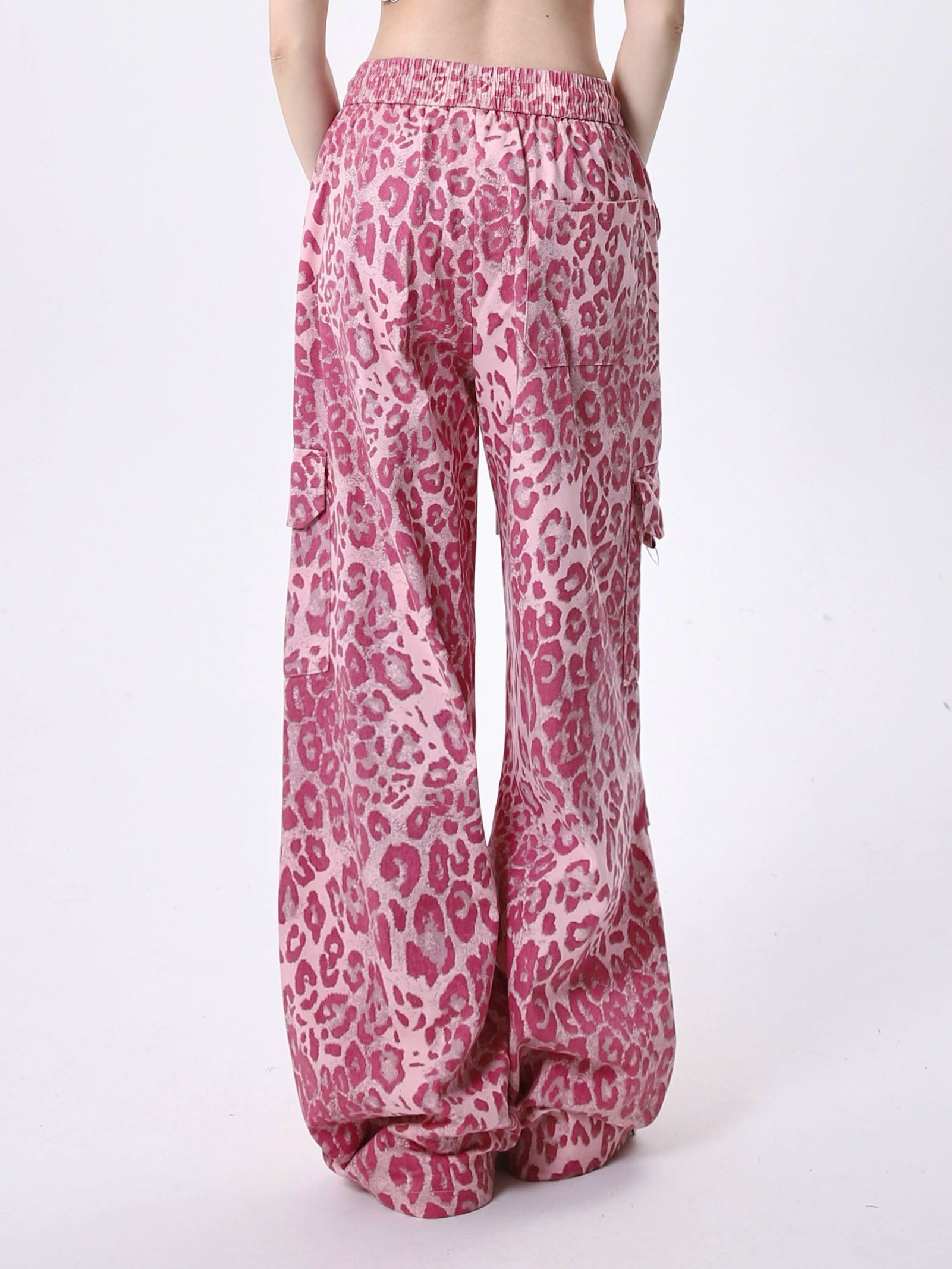 Pink Leopard Print Wide Leg Cargo Pants