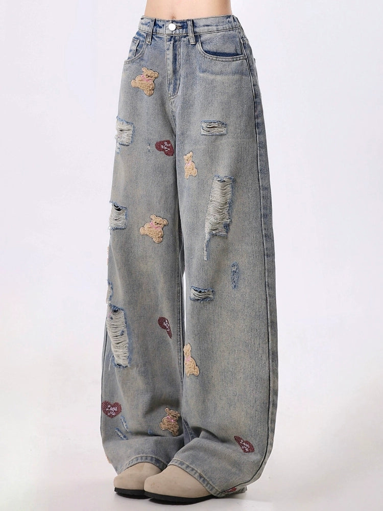 Distressed Teddy Bear Wide Leg Jeans