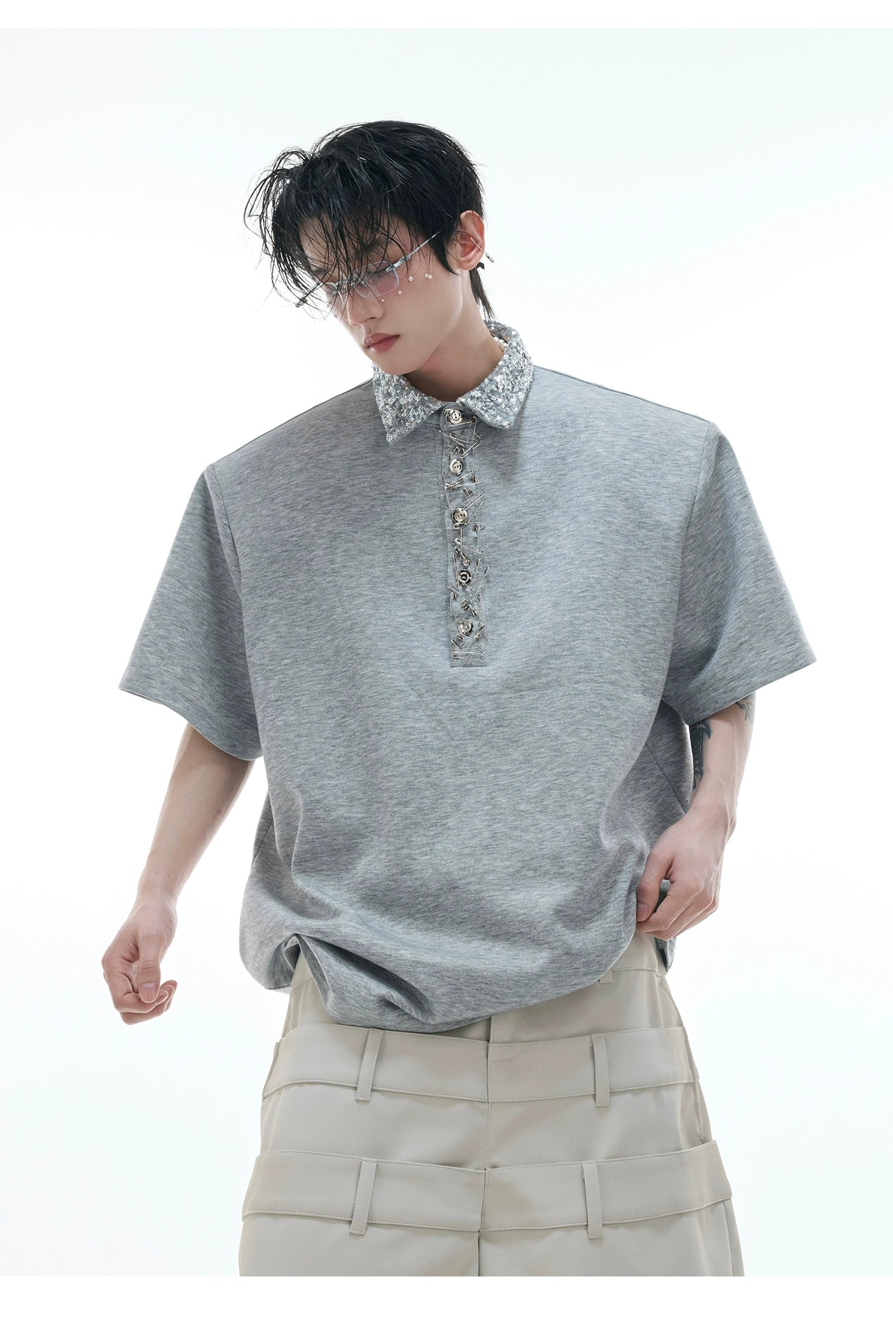Grey Cotton Polo Shirt Short Sleeve