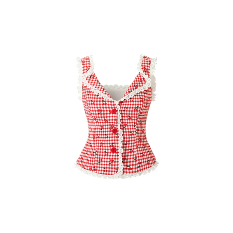 Gingham Cherry Lace Ruffle Blouse and Pompom Skirt