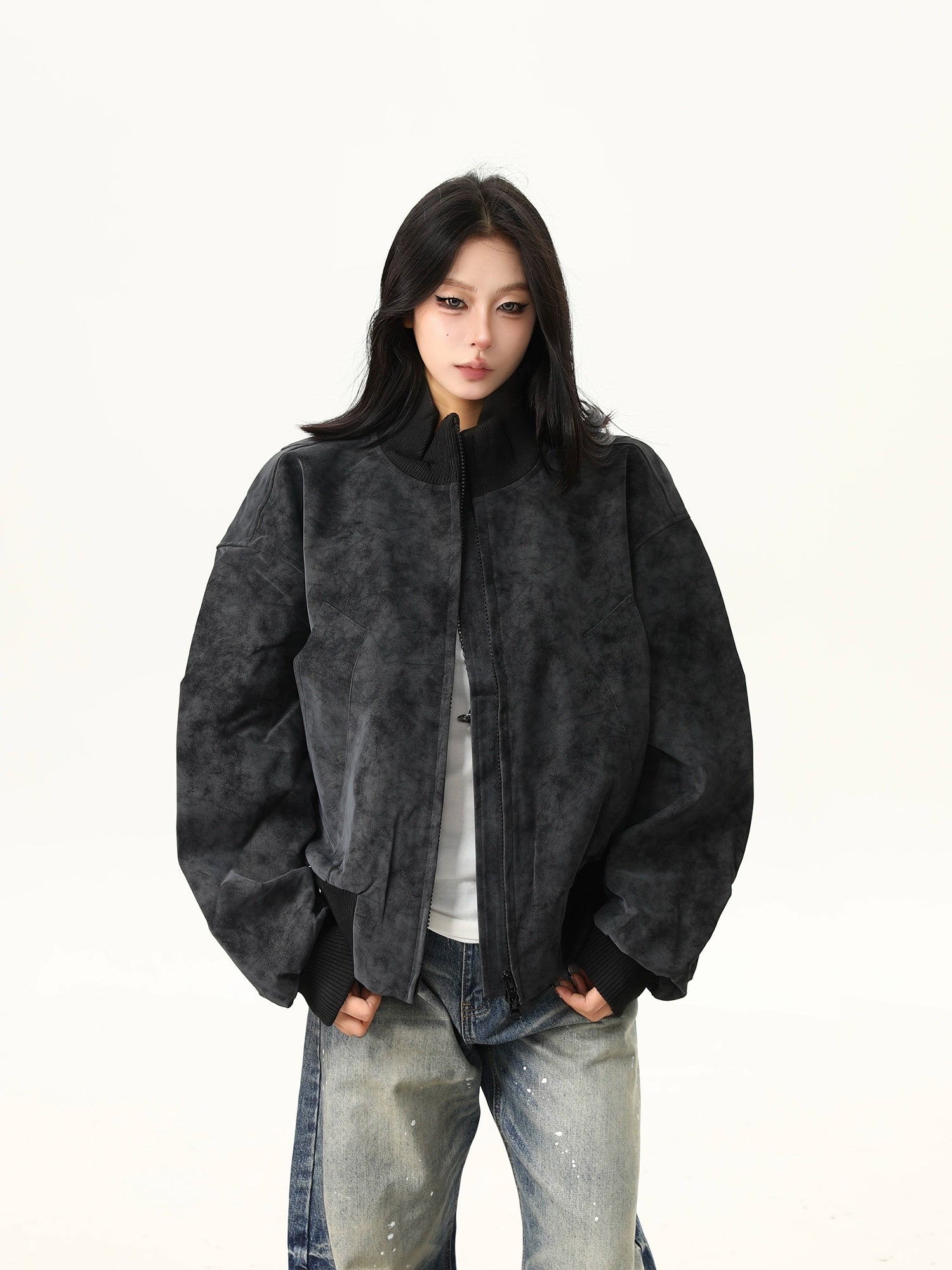 Obsidian Haze Suede Bomber Jacket