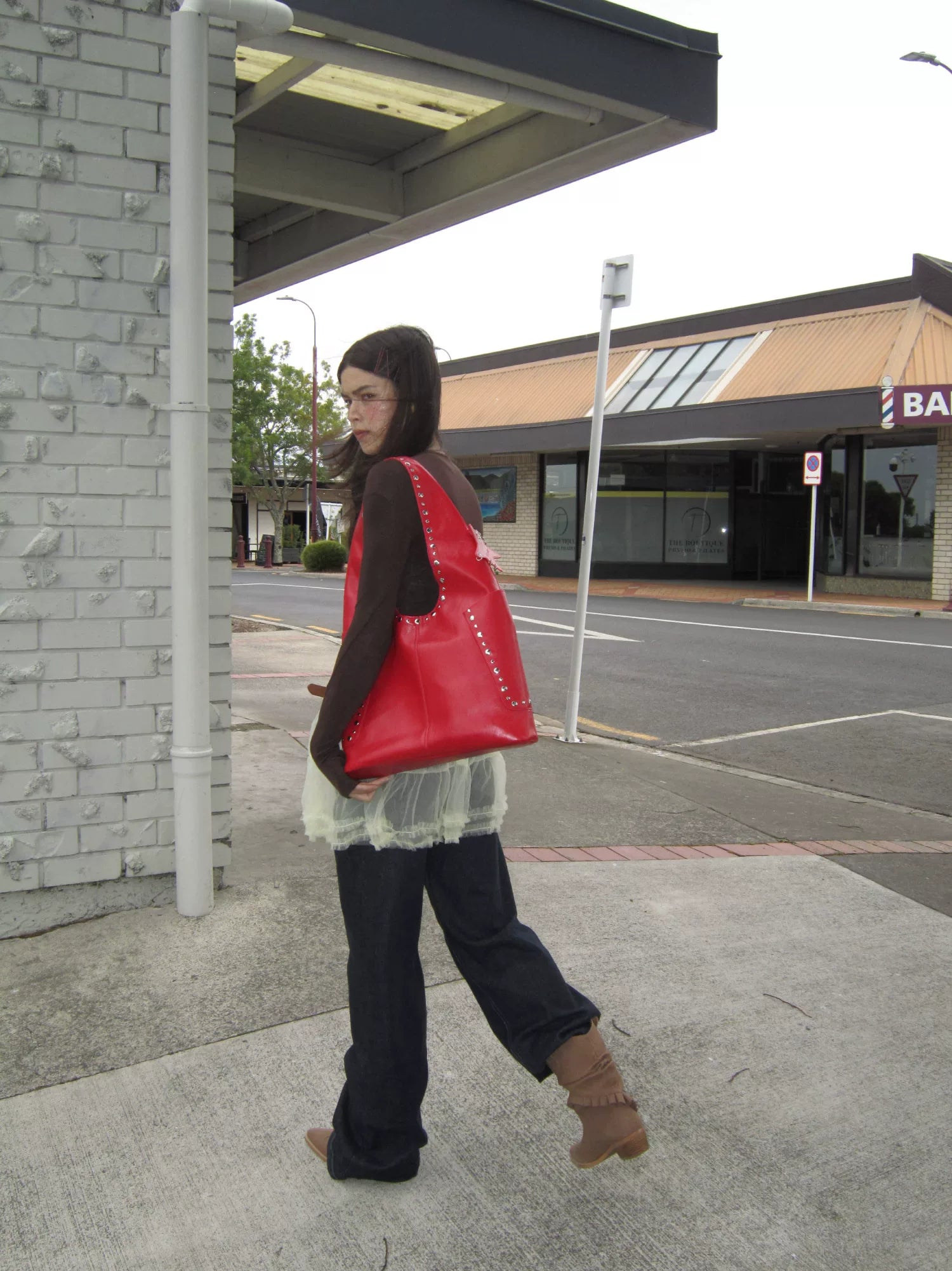 Studded Crimson Slouch Shoulder Bag - view 3