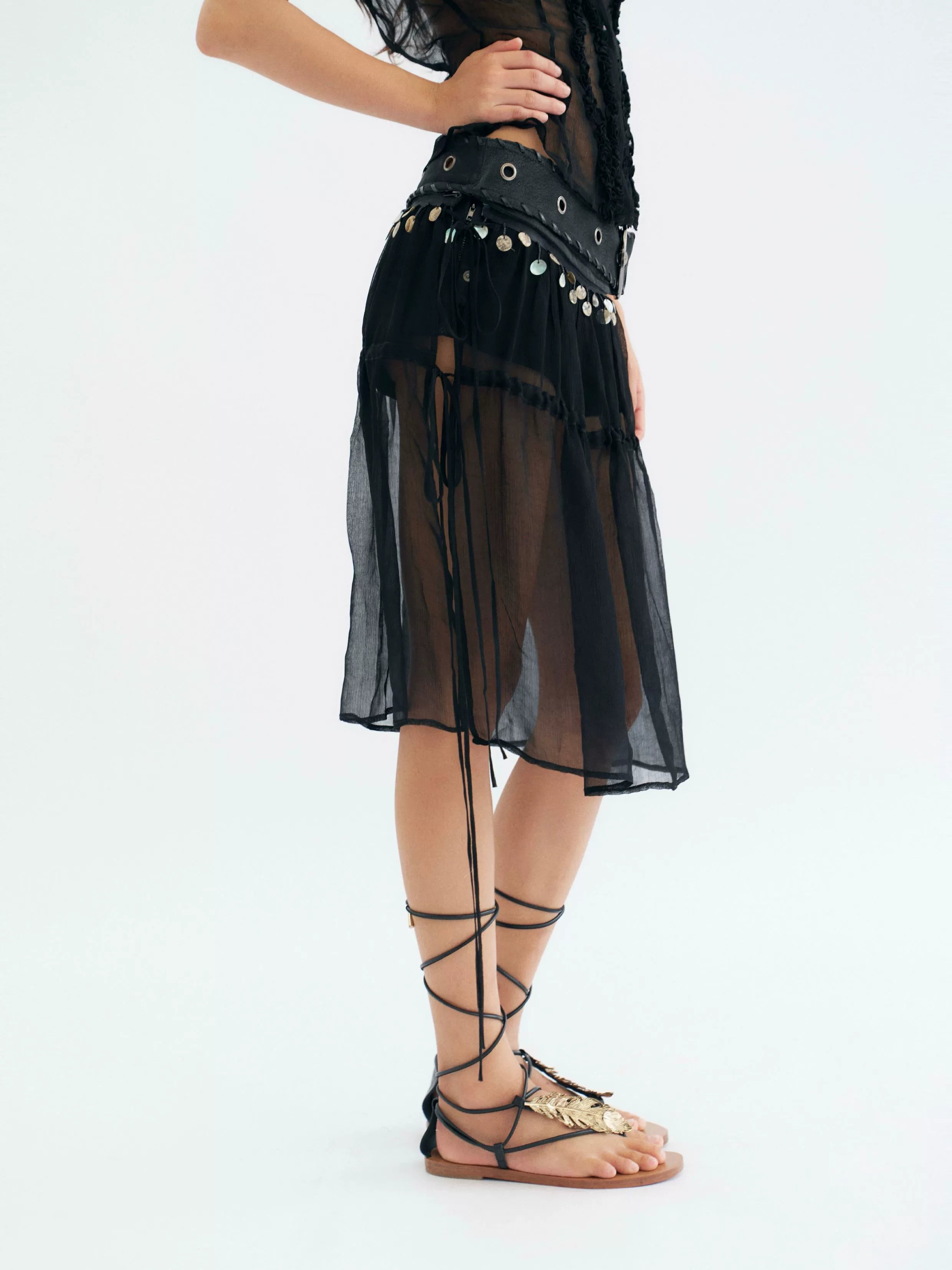 Moonlit Veil Sheer Coin‑Trim Skirt
