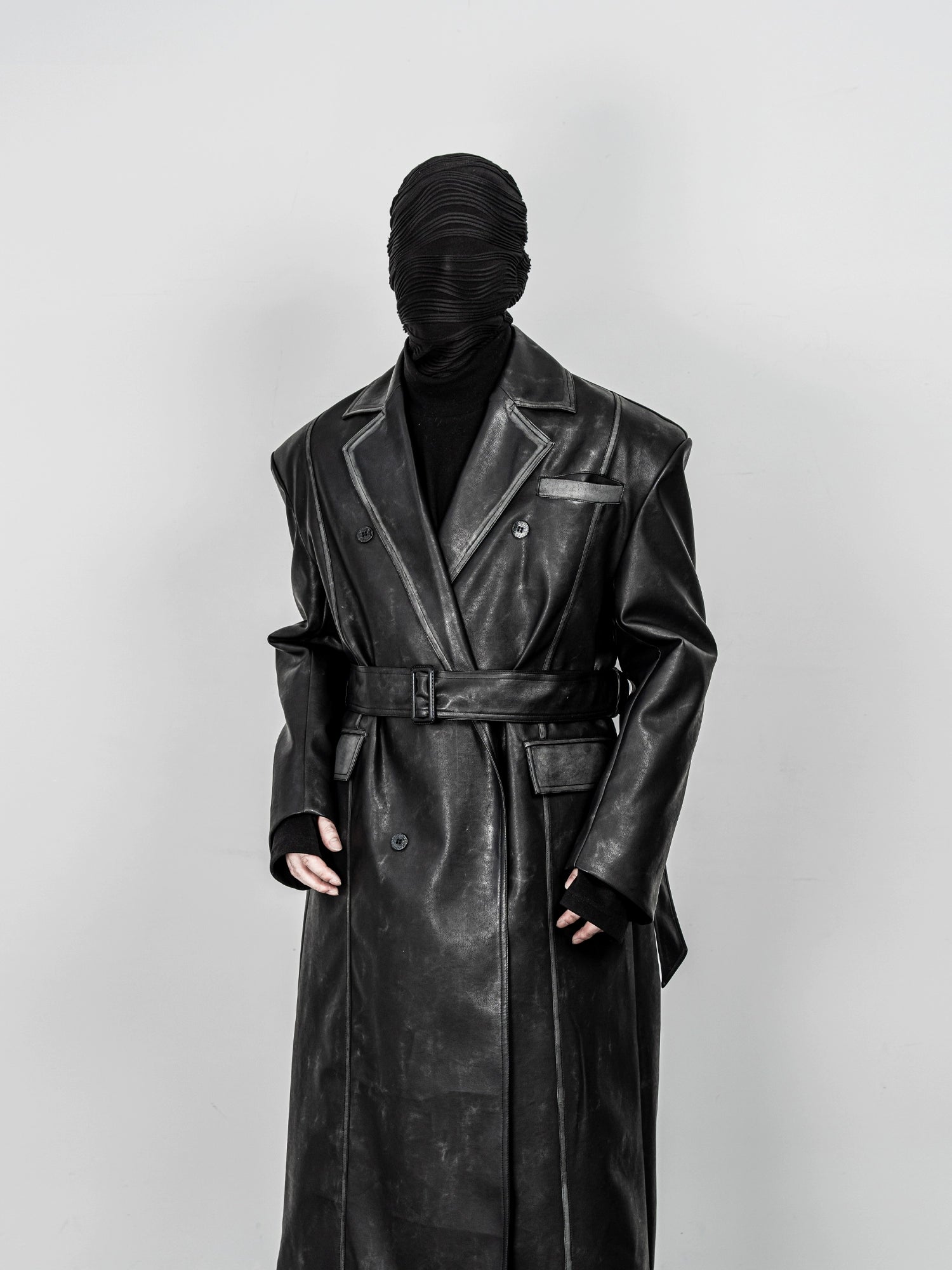 Long Belted Black Faux Leather Trench