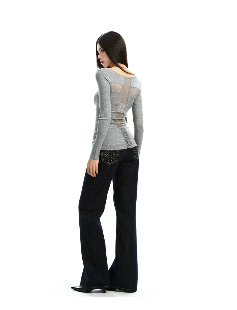 Lace Veil Scoop Neck Long Sleeve Top