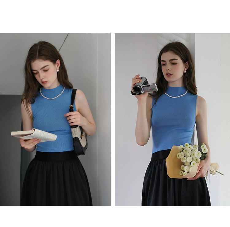French Semi-High Neck Wool Knit Seamless Blue Tank Top - chiclara
