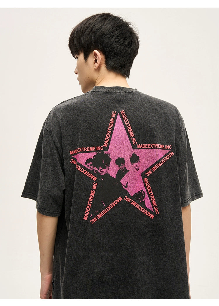 Acid Wash Graphic T-Shirt with Pink Print
