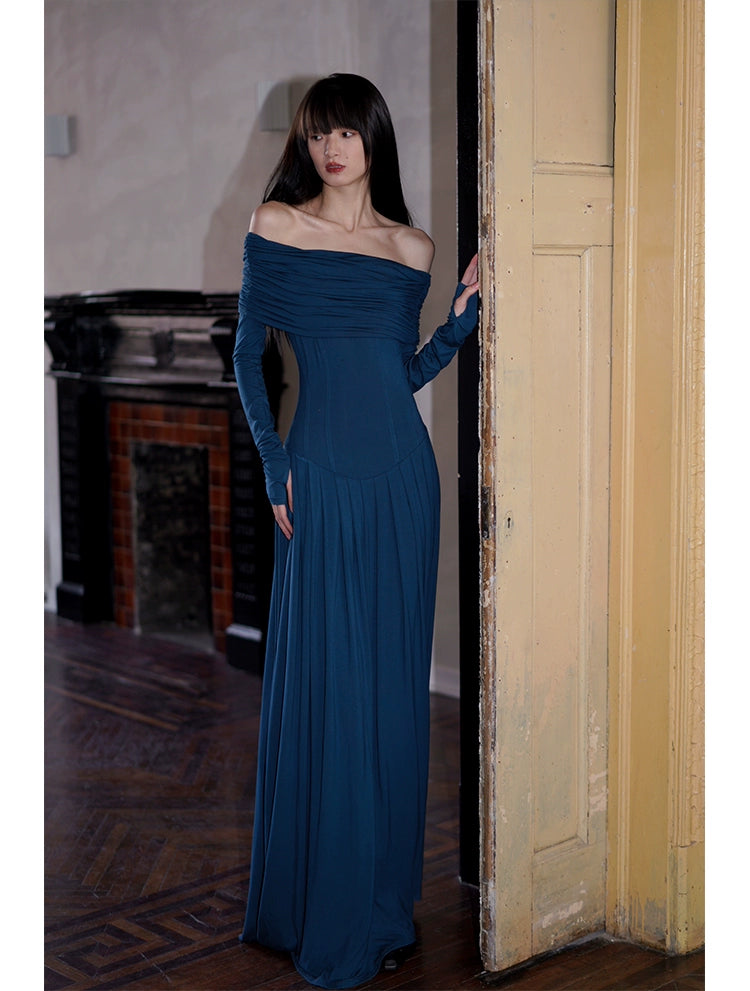 Azure Grace Off-the-Shoulder Evening Gown