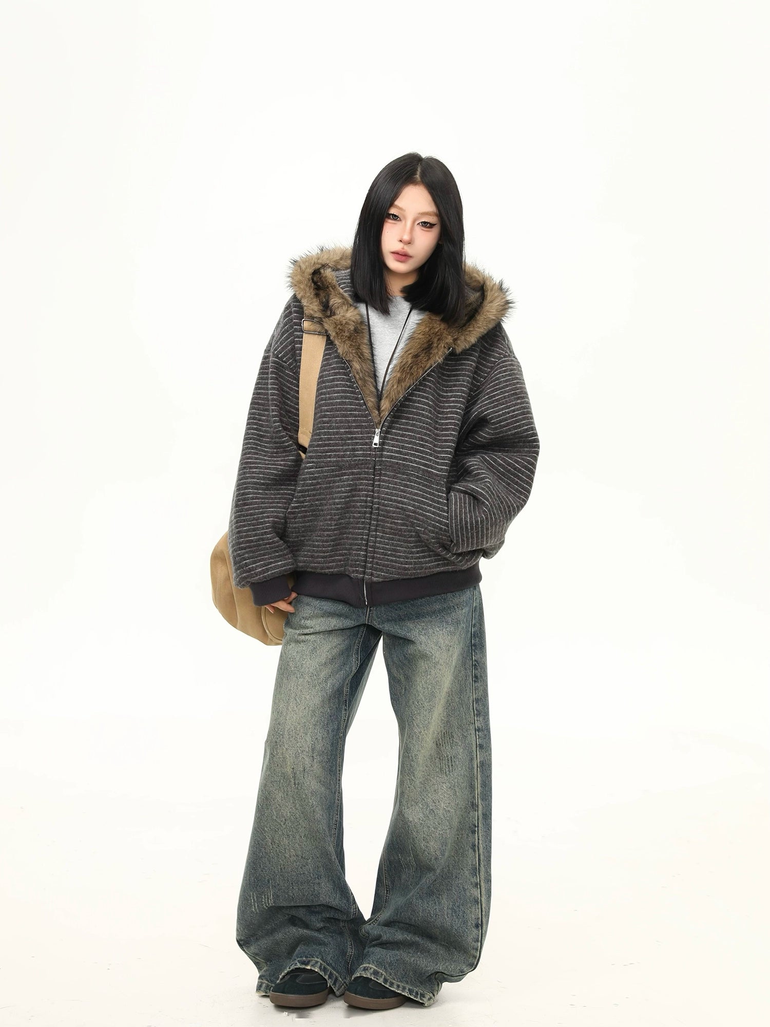 Frost Ridge Striped Faux Fur Hoodie Jacket