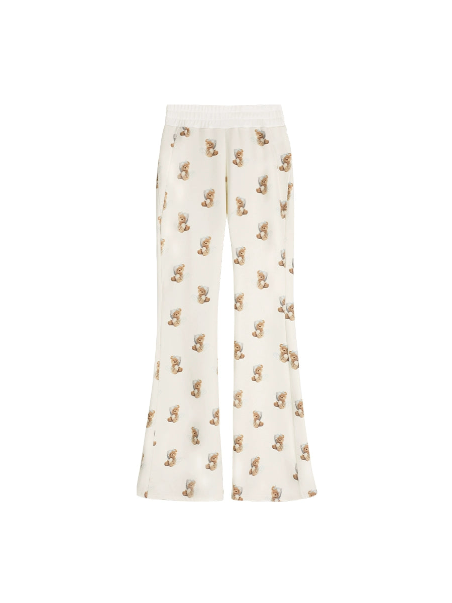 Trendy Bear Print Casual Pants With Subtle Flare Leg - chiclara
