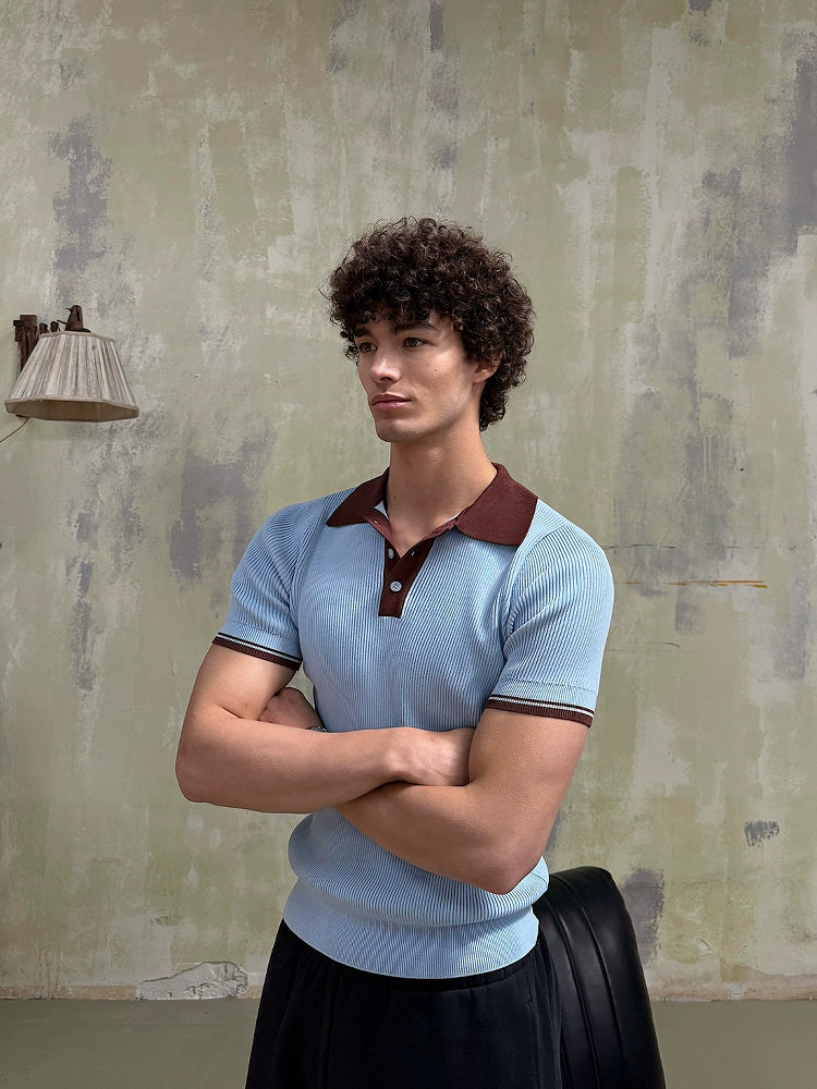 Retro Ribbed Polo Knit Light Blue