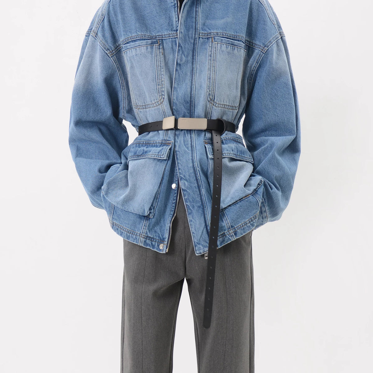Blue Oversized Belted Denim Utility Jacket