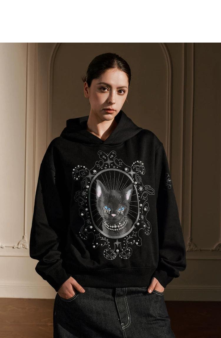 Pearl Embellished Mystic Cat Graphic Hoodie