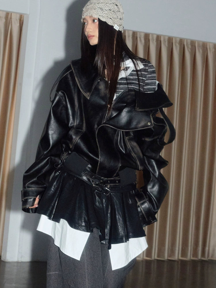 Vintage Collar Leather Moto Jacket