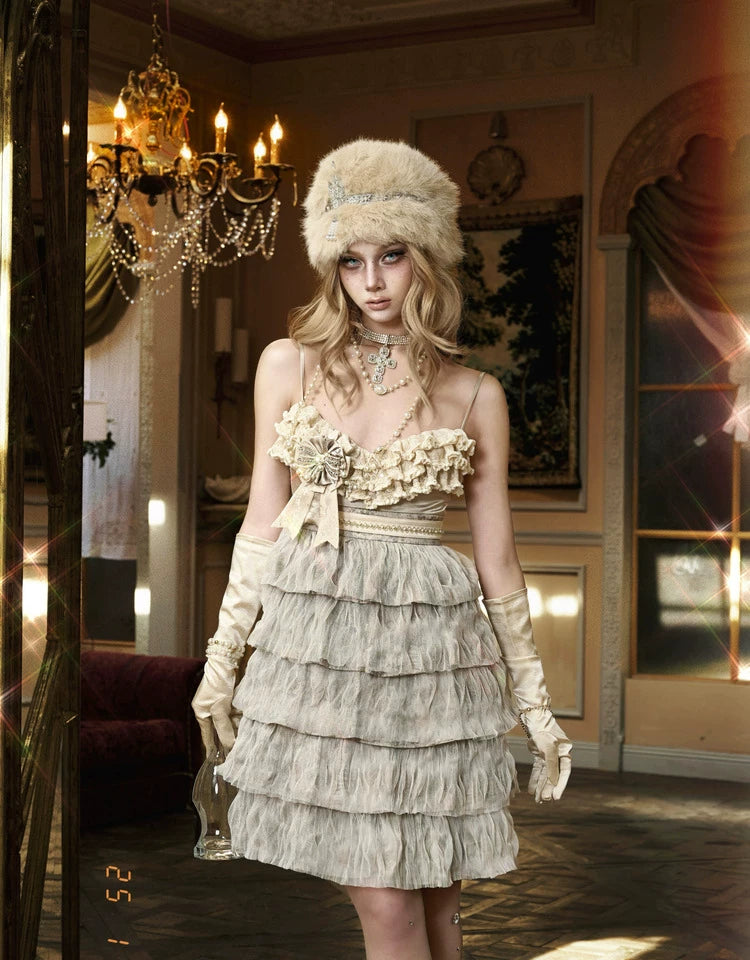 Cream Ruffle Bow Tiered Midi Dress