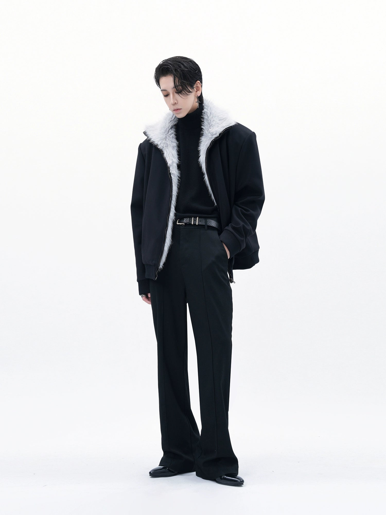 Black Bomber Jacket with Light Grey Faux Fur Collar