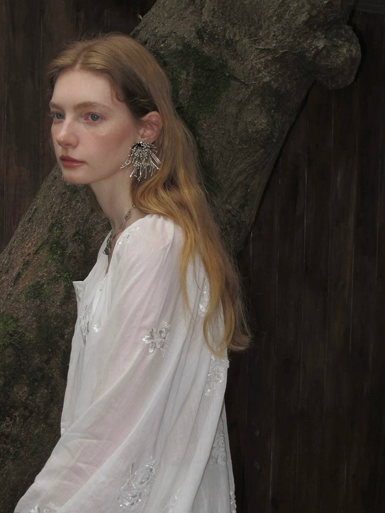 White Embroidered Button-Front Peasant Blouse