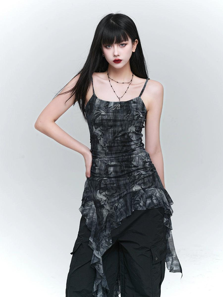 Ladyghost Grunge Fairy 비대칭 캐미 드레스 - 여성용 타이 다이 러칭 미니 드레스, 러플 밑단