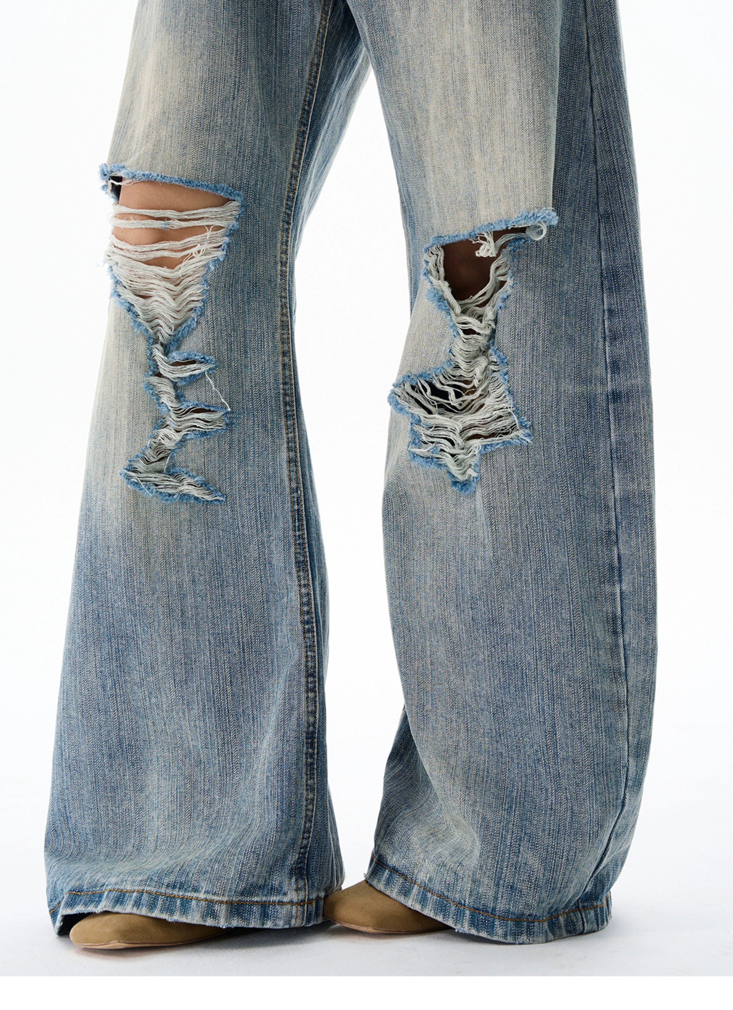 Heavy Knee Distressed Wide Leg Blue Jeans