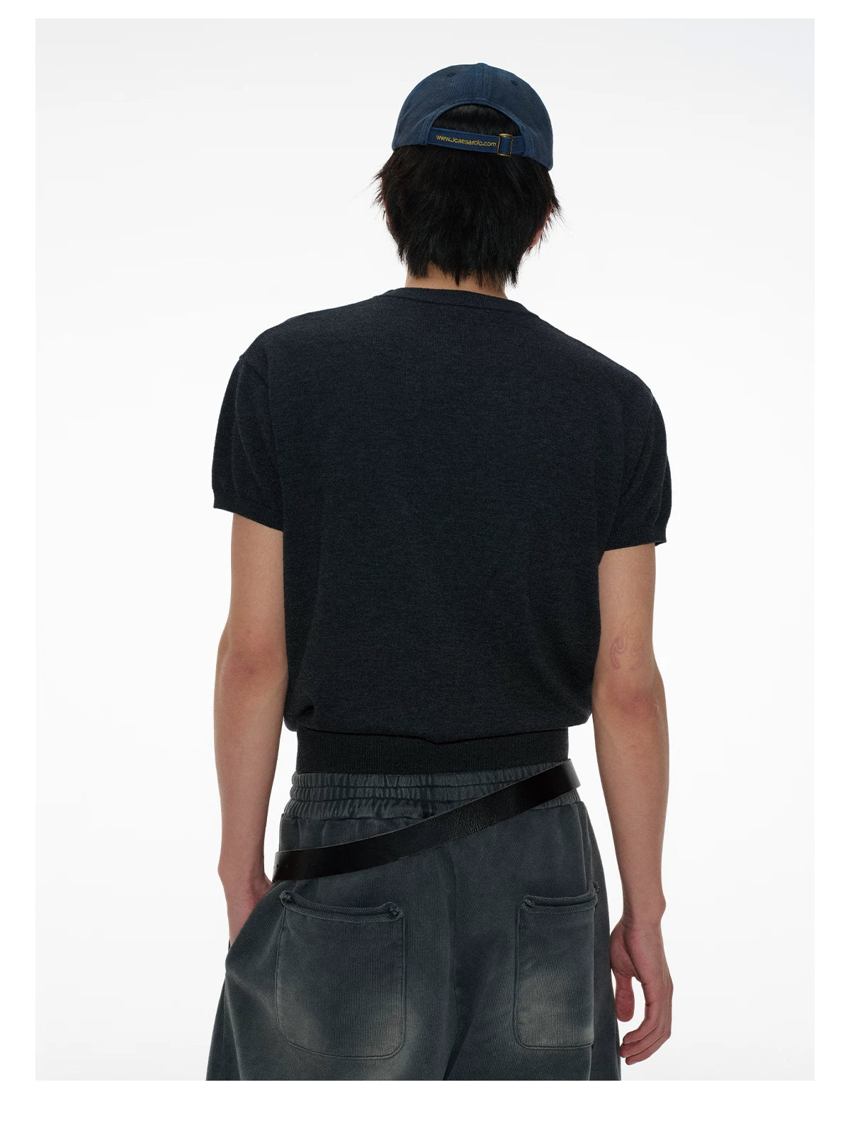 Distressed Denim Cap with Yellow Circle Embroidery