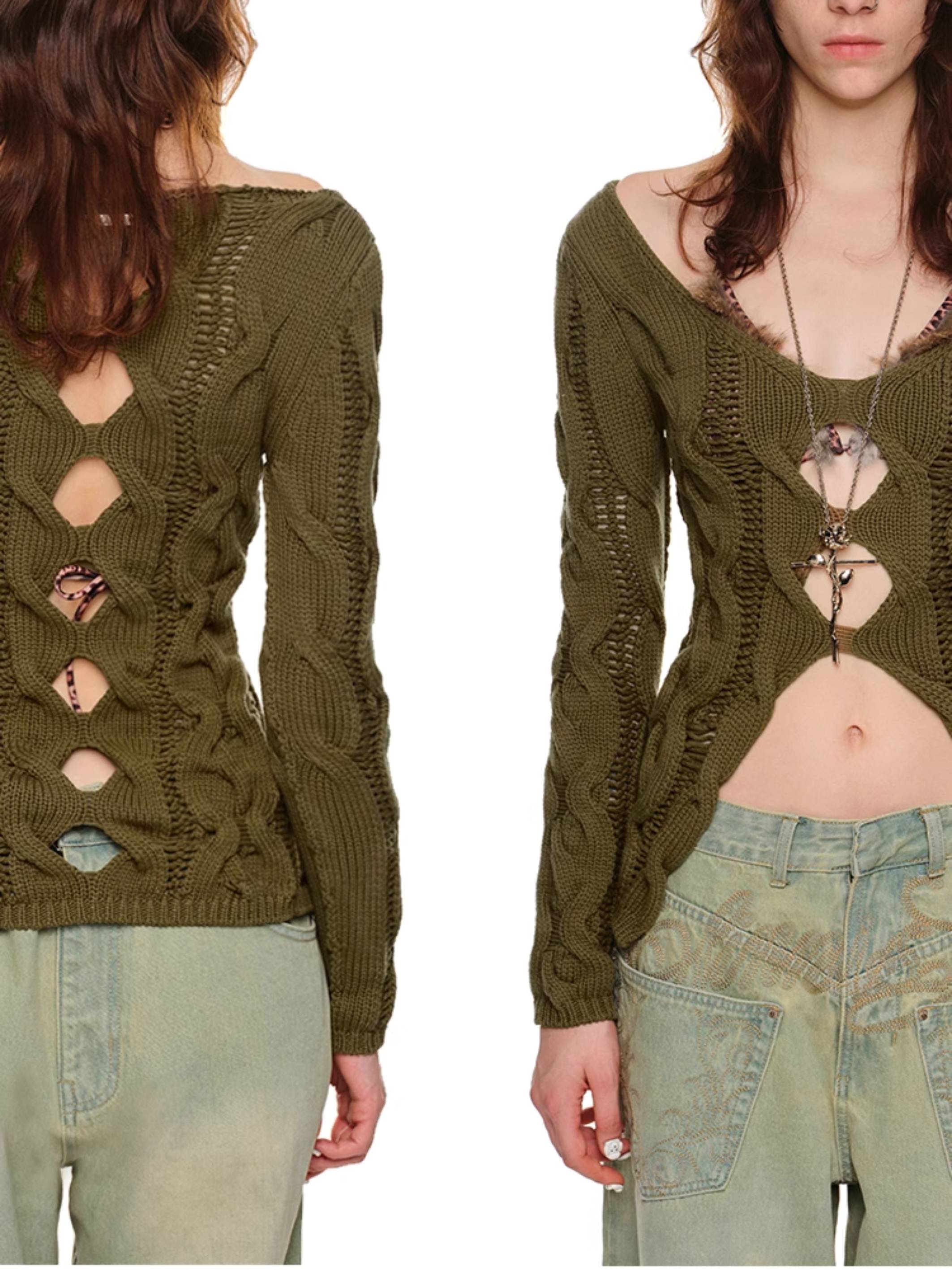 Slim Distressed Cable Knit Sweater