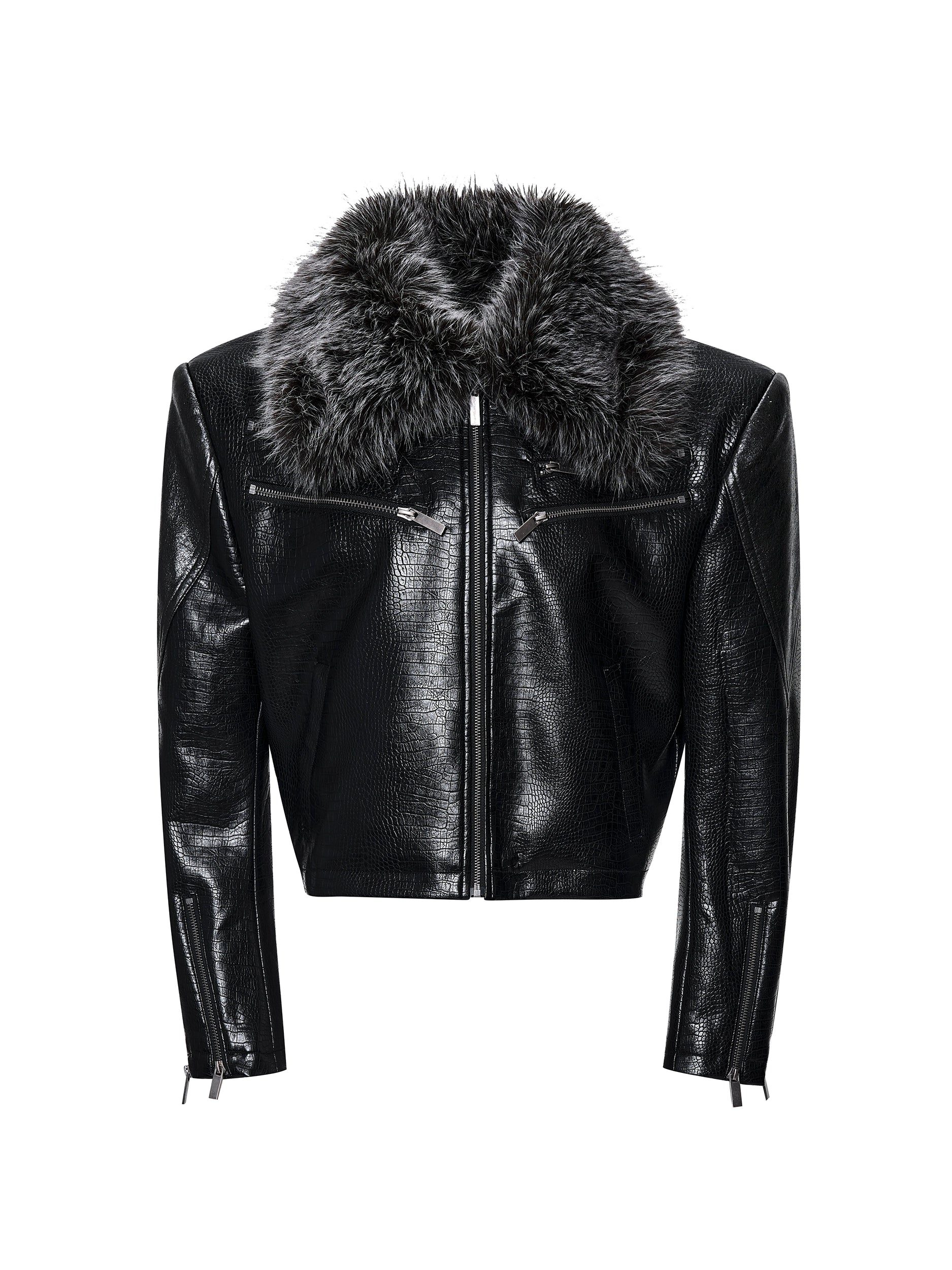 Black Faux Fur Collar Fish Scale Leather Jacket