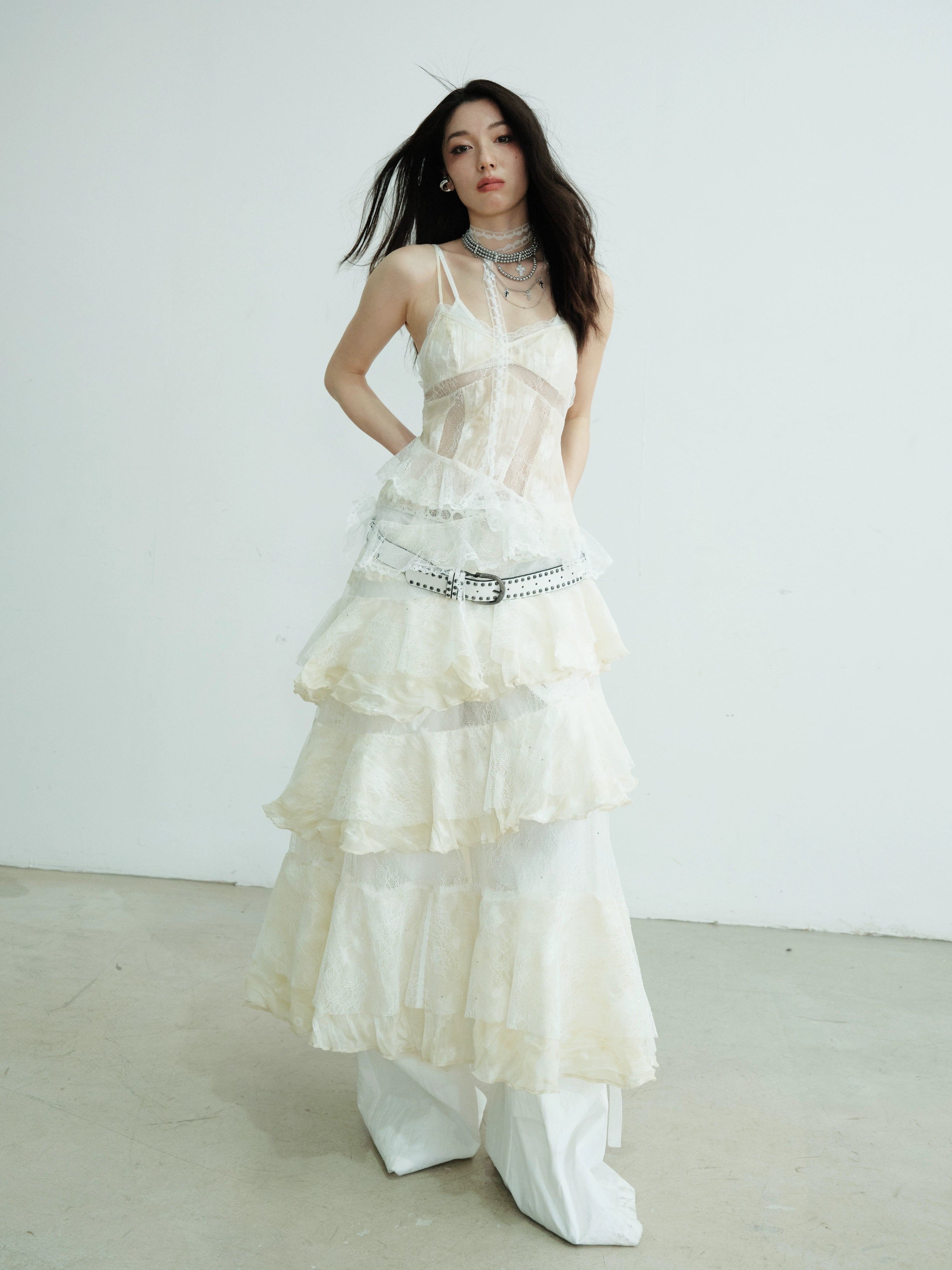 Tiered Ruffle Lace Maxi Slip Dress