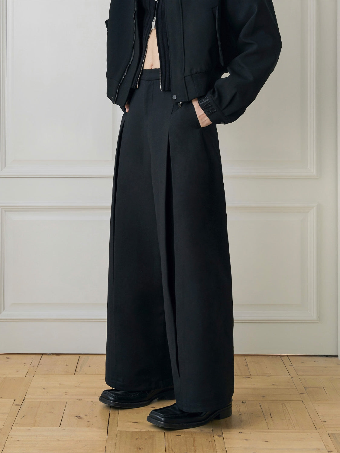 Deconstructed Black Wide-Leg Pleated Trousers