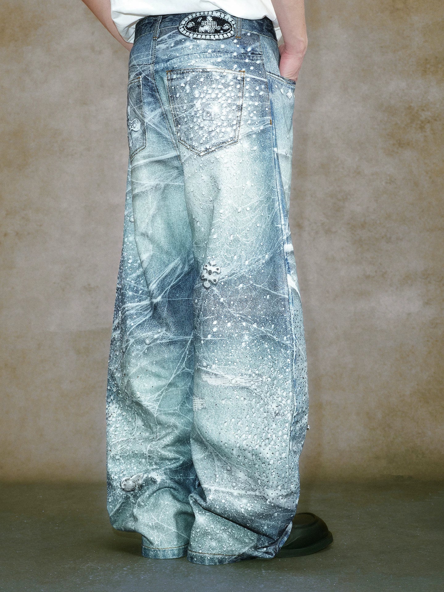 Crystal Embellished Bleached Wide Leg Jeans