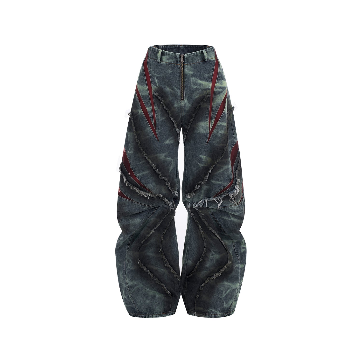 Distressed Wide-Leg Jeans with Leather Inlay Pattern