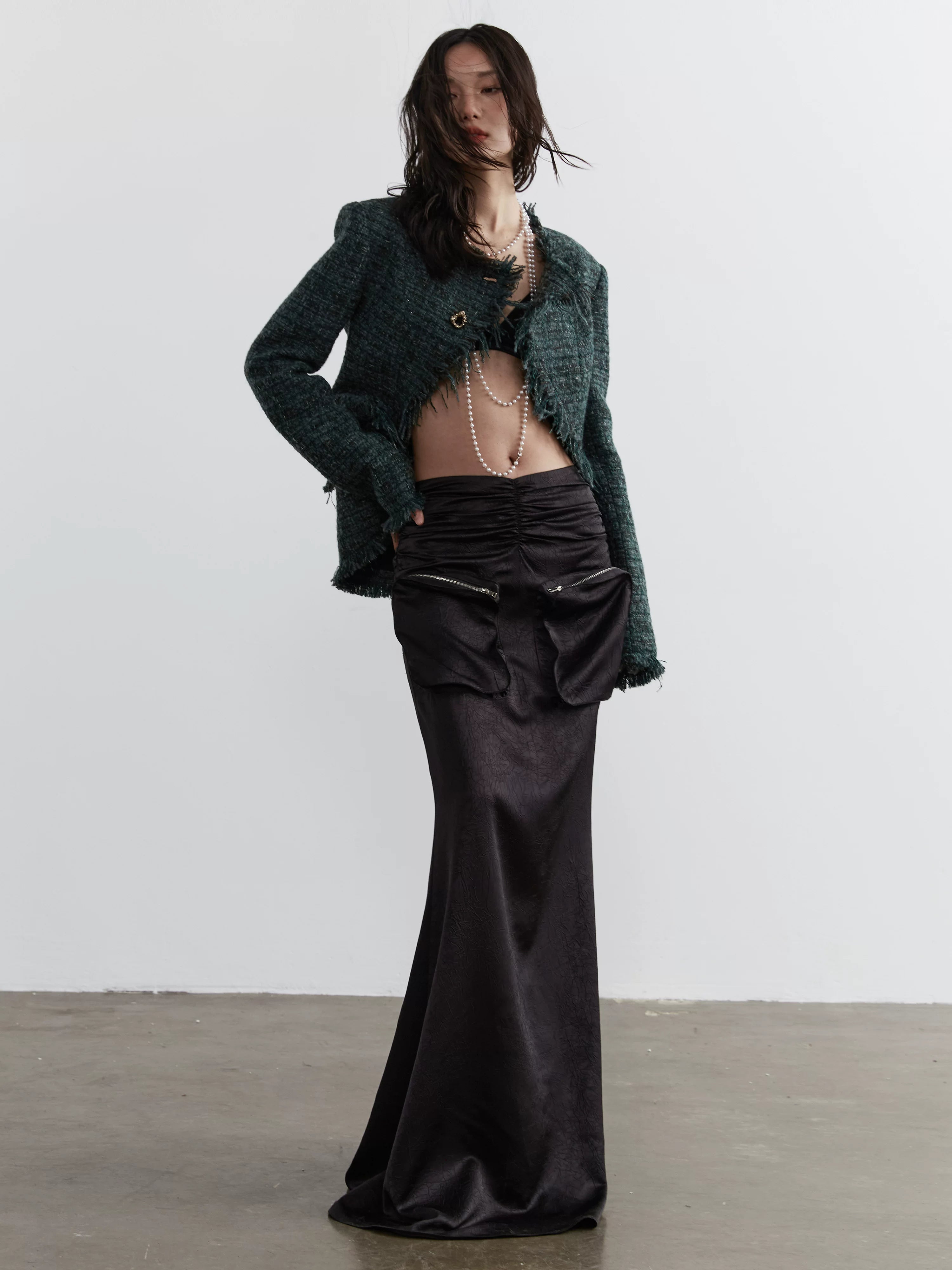 Emerald Frayed Cropped Tweed Jacket
