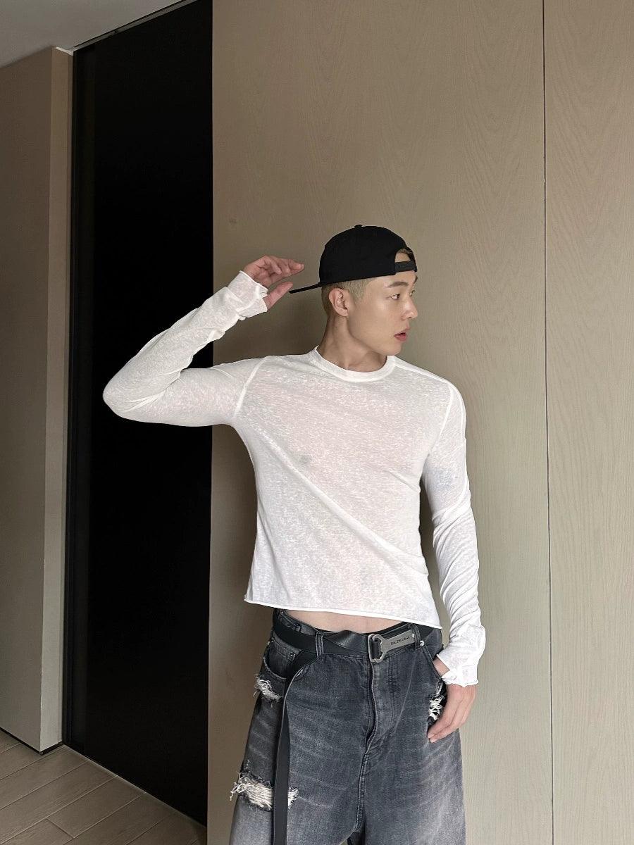 Weave Studio 화이트 롱슬리브 슬림핏 티셔츠 - 남성용 가벼운 크루넥 코튼 티셔츠
