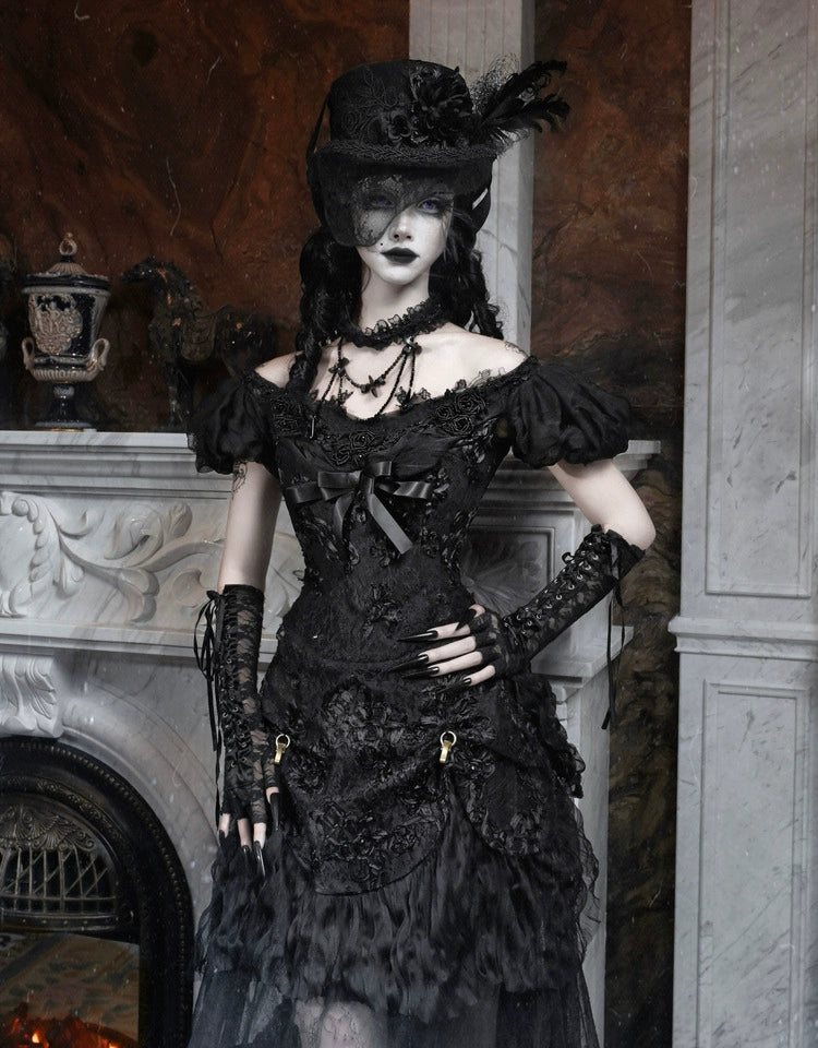 Gothic Black Lace Puff Sleeve Corset Top