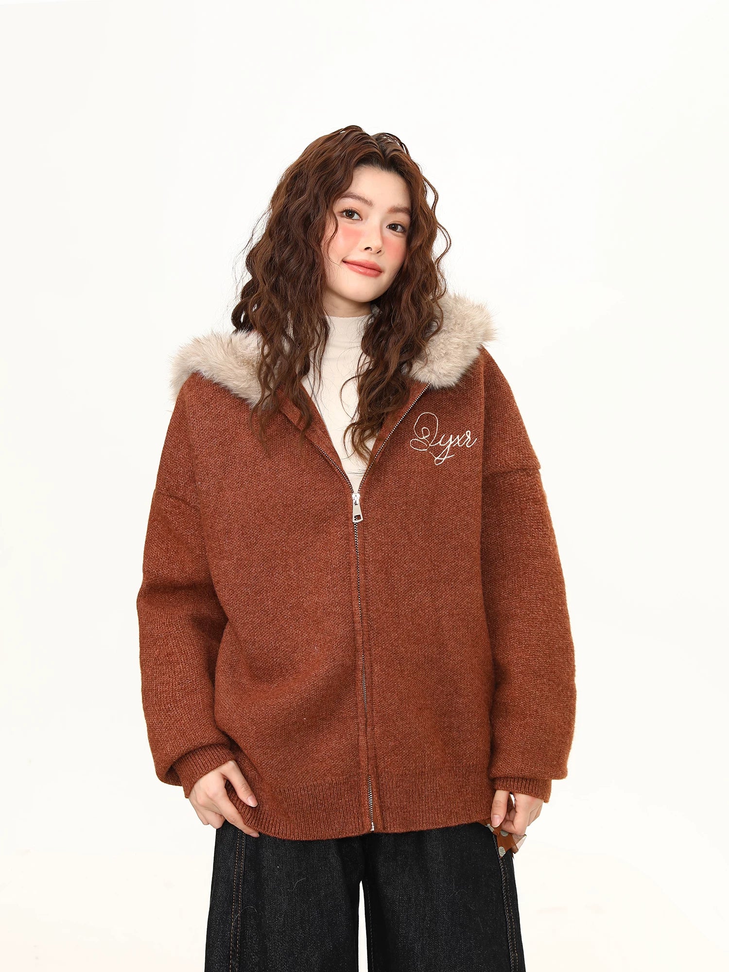 Chestnut Fluff Trim Zip Hoodie Jacket