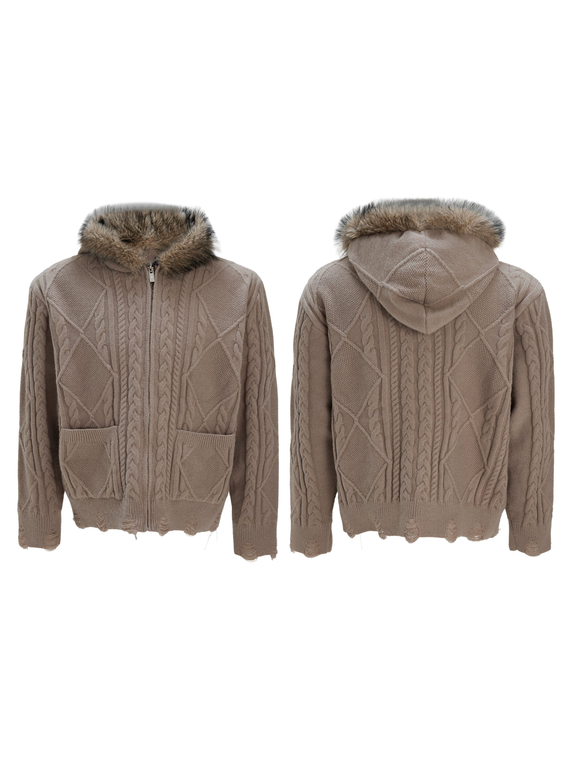 Faux Fur Hooded Cable Pattern Knit Zip Cardigans