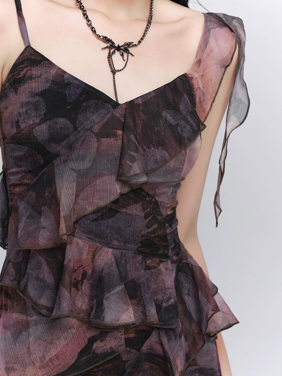 Ladyghost Dark Glamour Asymetrical Maxi Robe - Robe volante à imprimé floral pour femmes avec fente haute