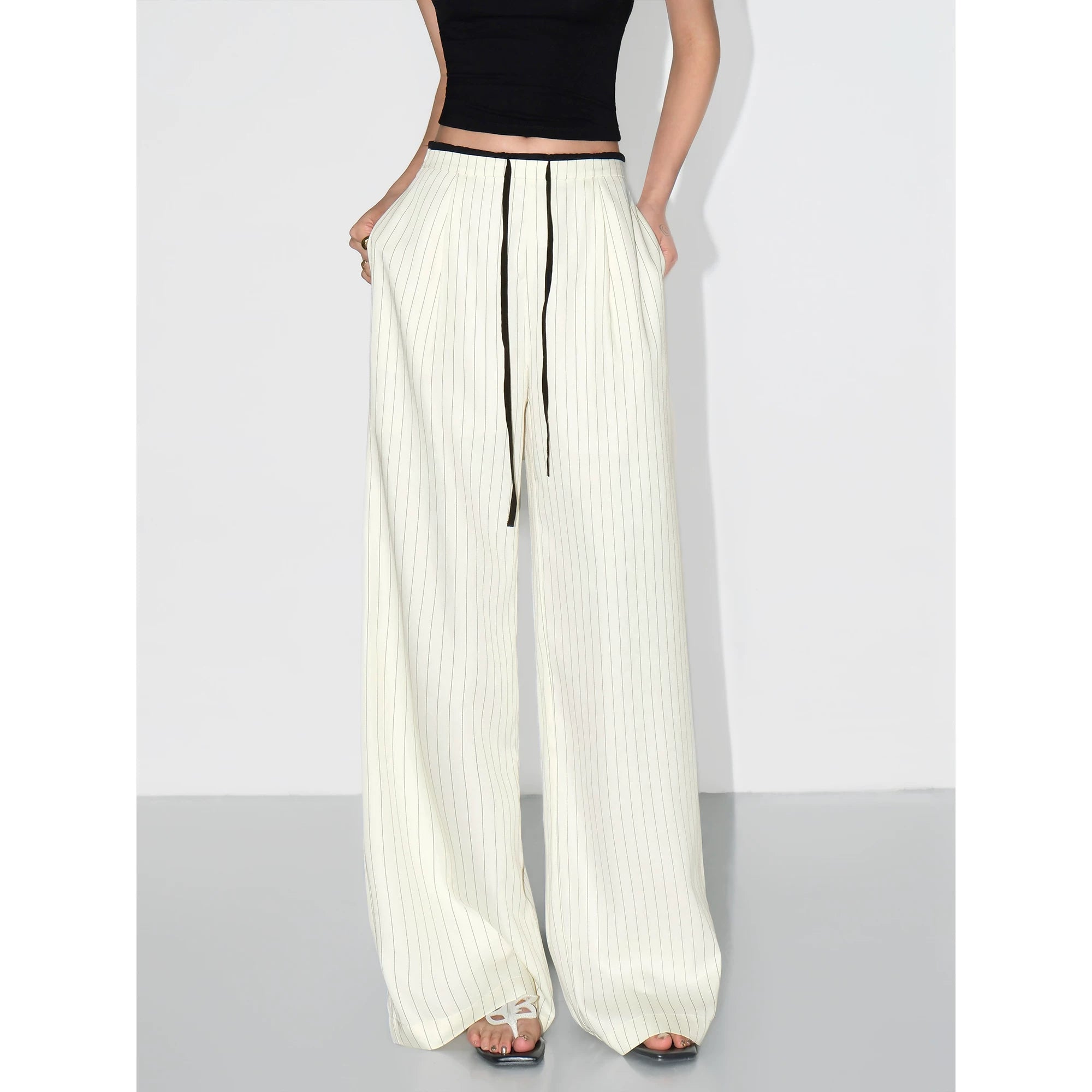 Pinstripe Drawstring Wide Leg Pants