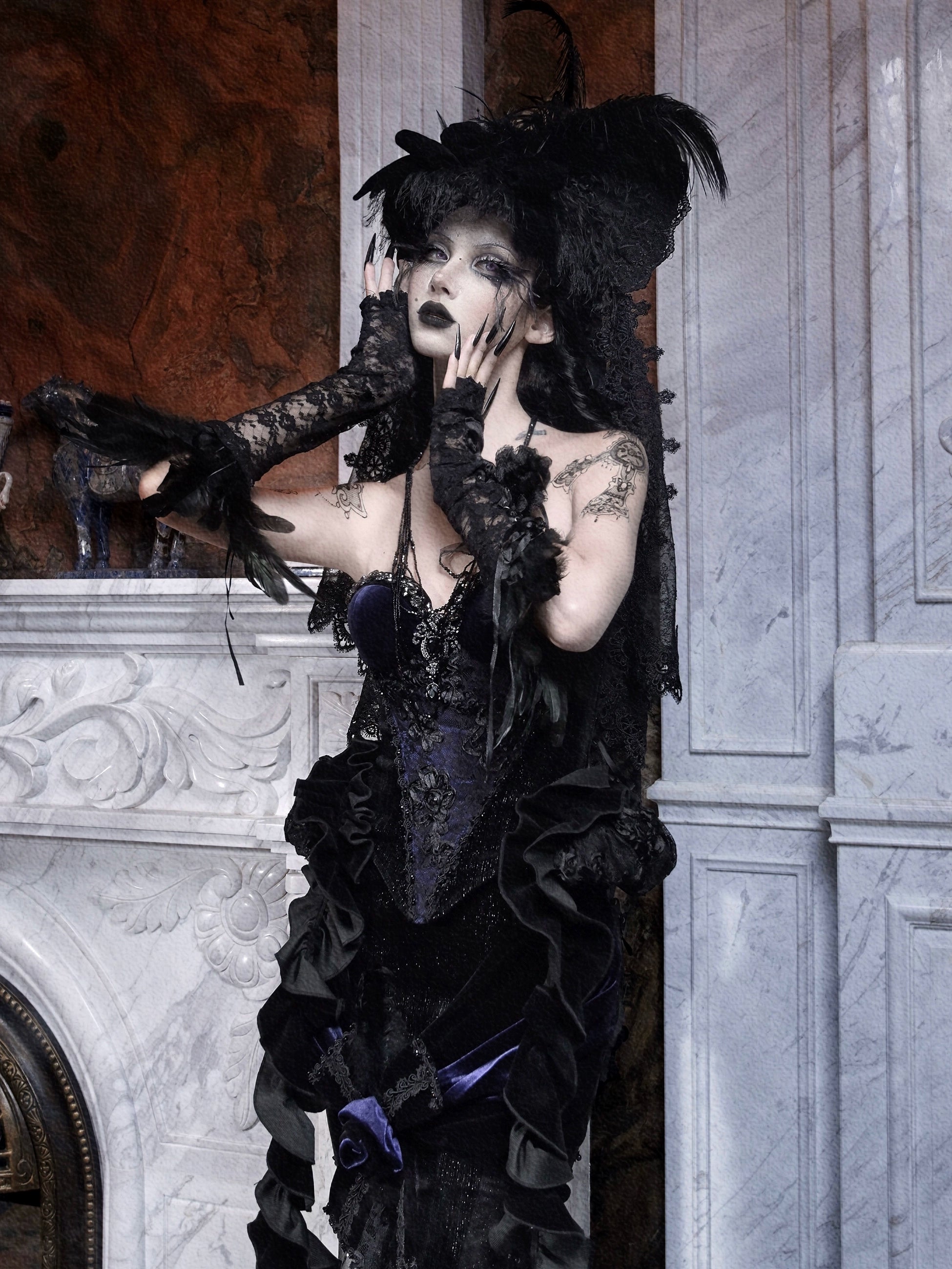 Gothic Midnight Blue Corset with Dramatic Ruffled Hip Details