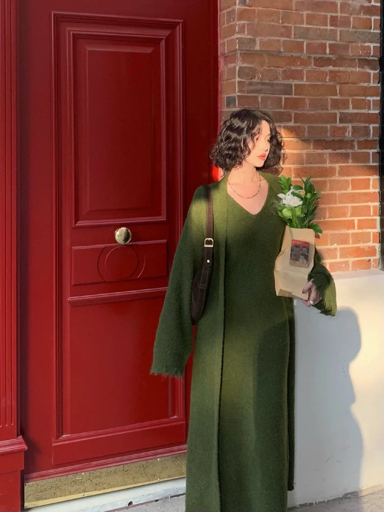 V-Neck Knit Maxi Dress and Long Cardigan Setup