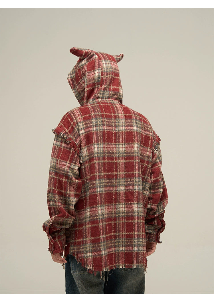 Plaid Flannel Hoodie with Cat Ears