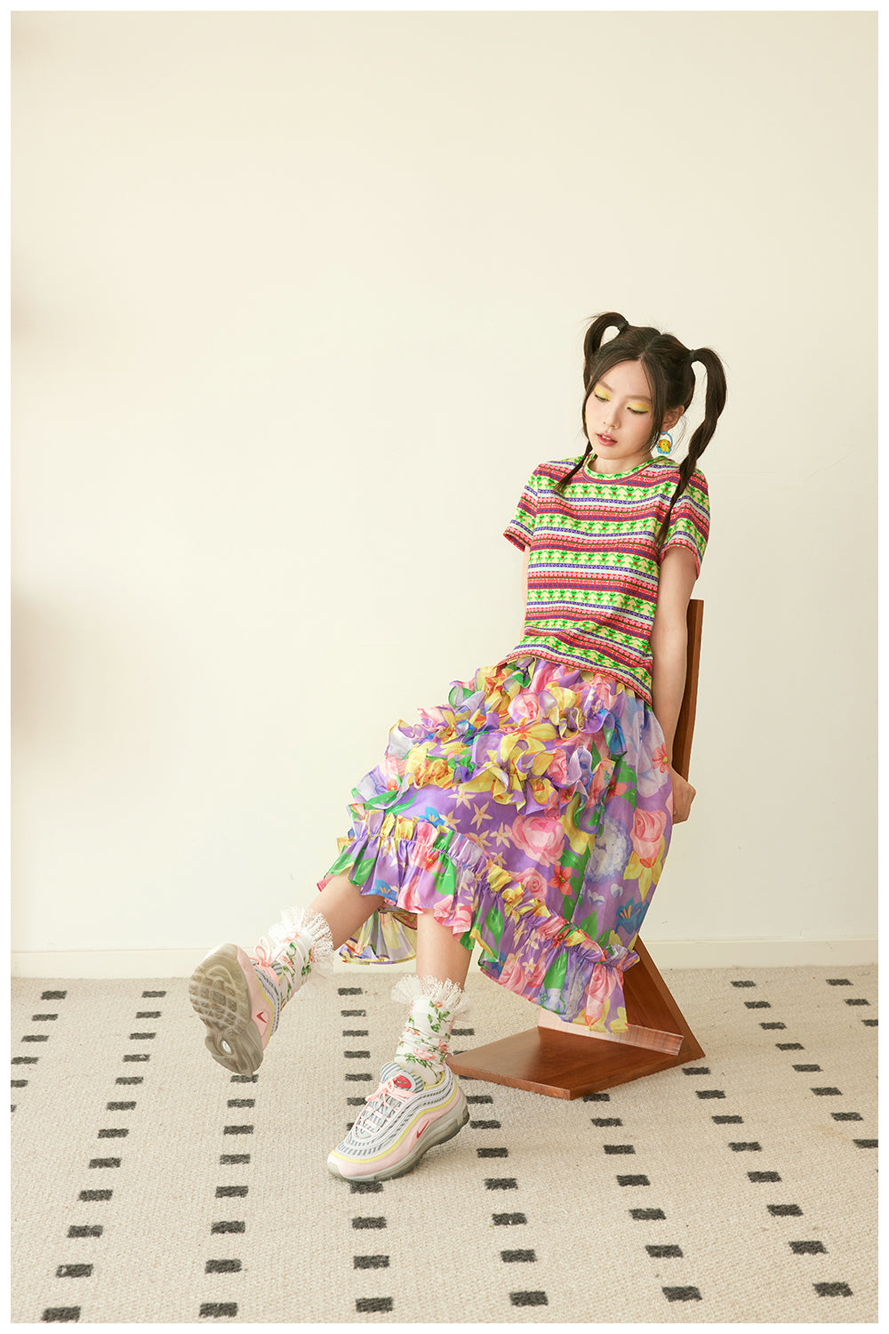 Floral Ruffle Watercolor Midi Skirt