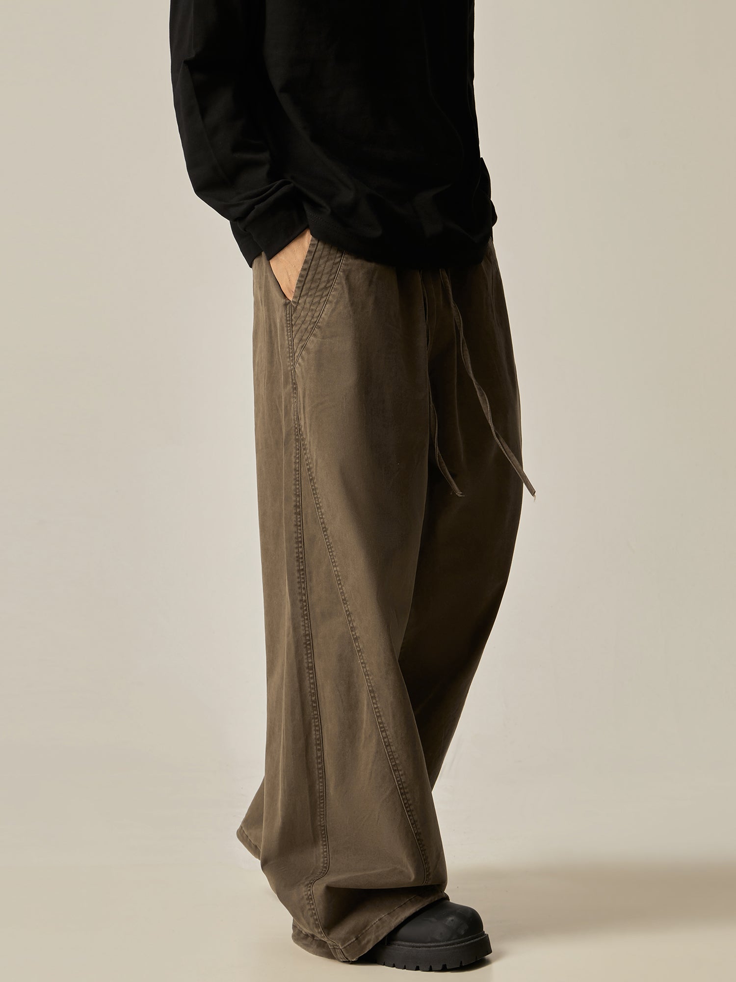 Brown Loose Drawstring Wide Pants