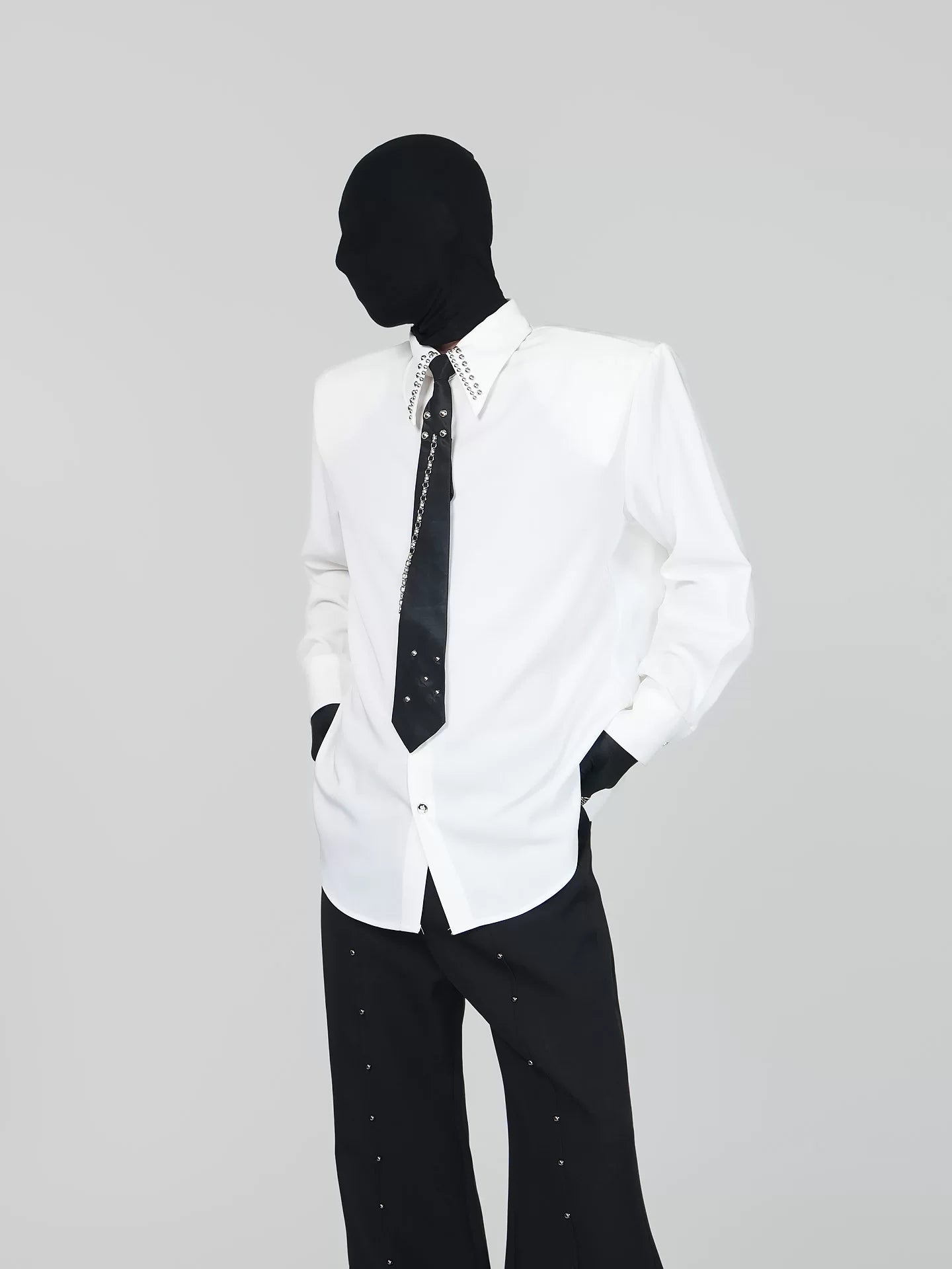 Crystal Crest Studded Collar Shirt & Chain Tie Set