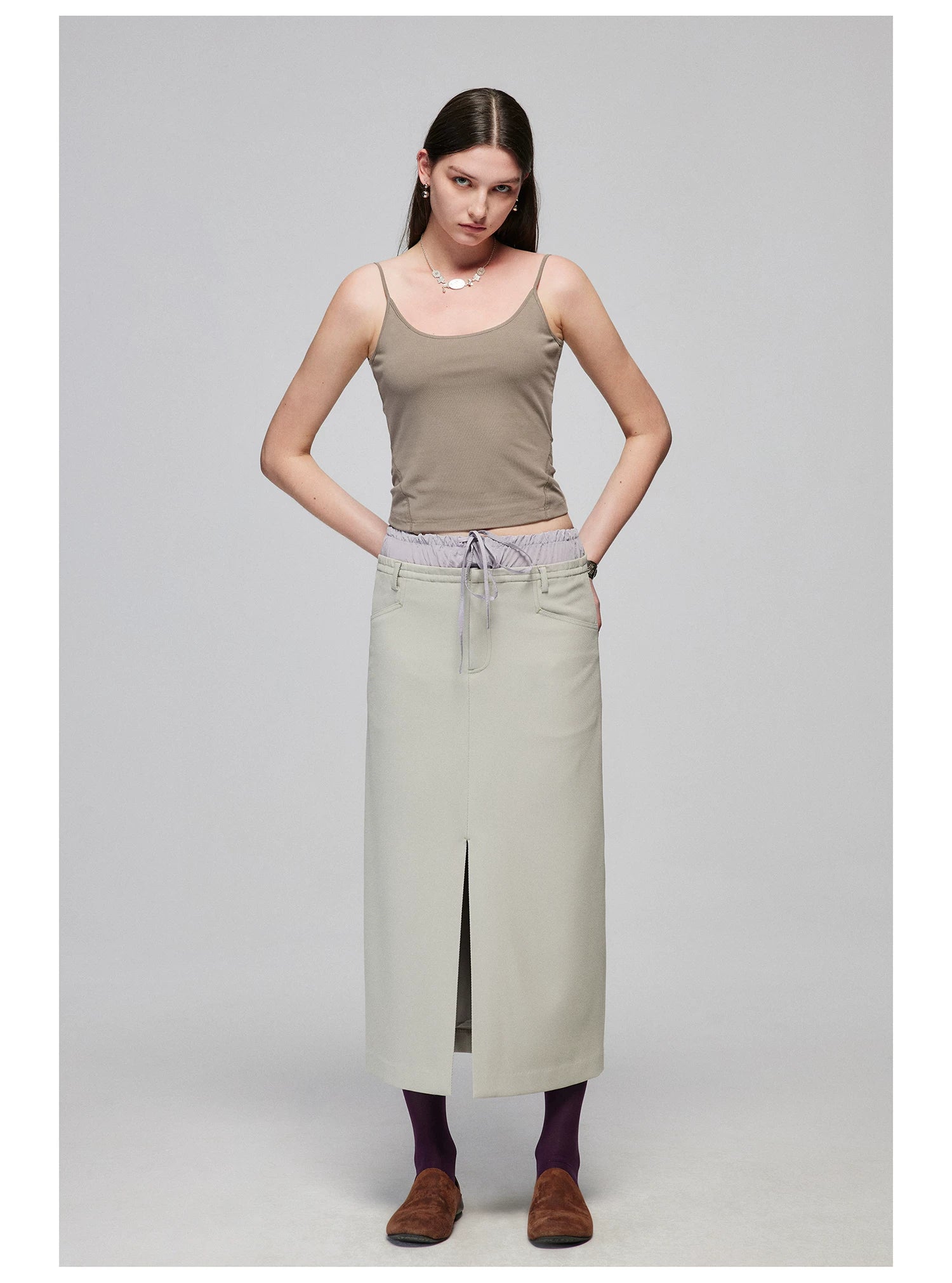 Layered Waist Front-Slit Midi Skirt