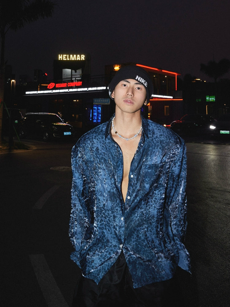 Navy Blue Shiny Leopard Print Button-Up Shirt