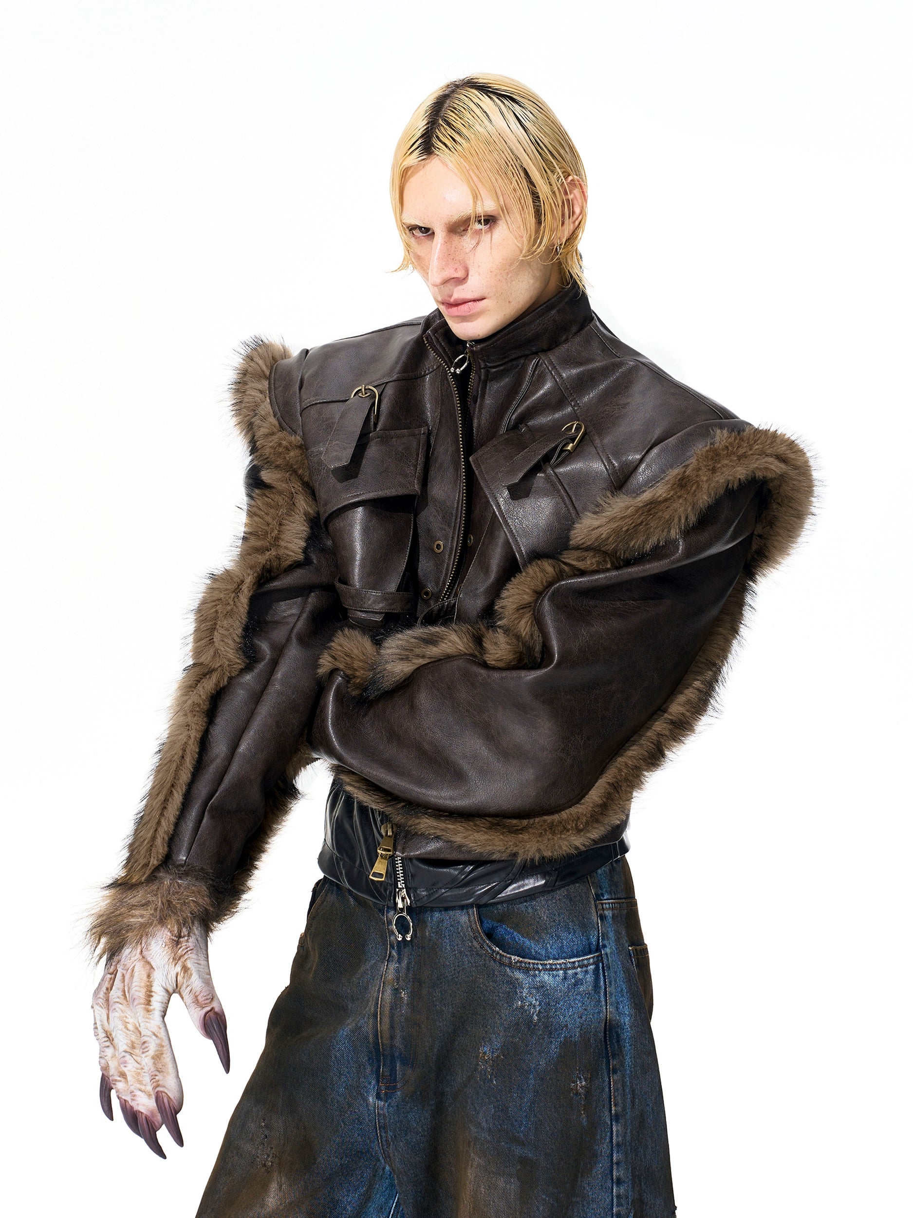 Brown Leather Fur Trim Jacket
