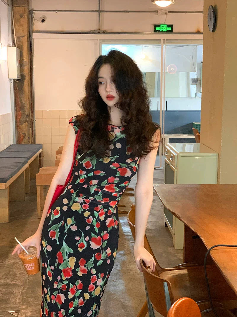 Black Floral Print Cap Sleeve Dress