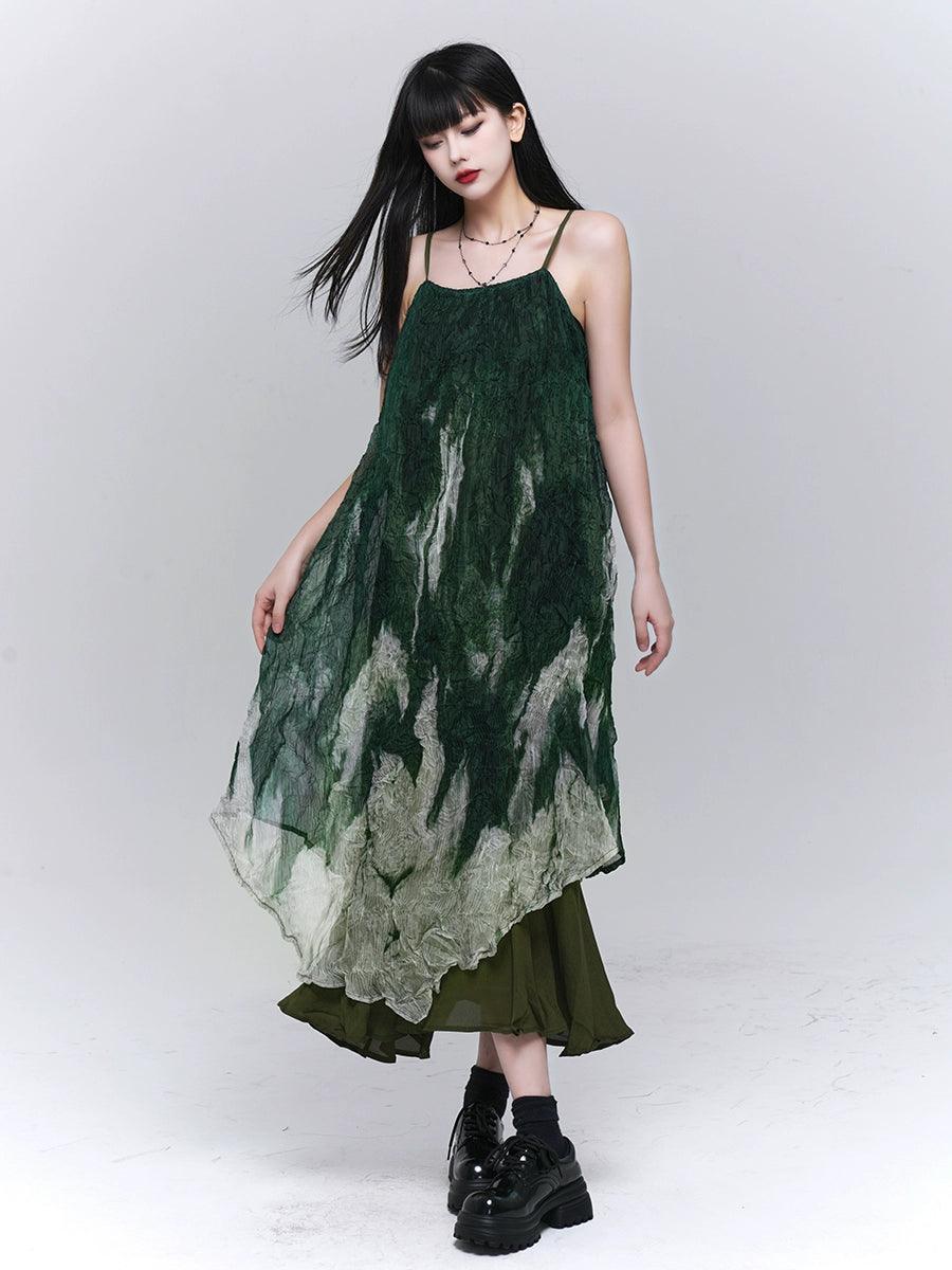 Ladyghost Forest Sprite 레이어드 맥시 드레스 - 여성용 녹색 옴브레 타이 다이 슬립 드레스, 비대칭 밑단