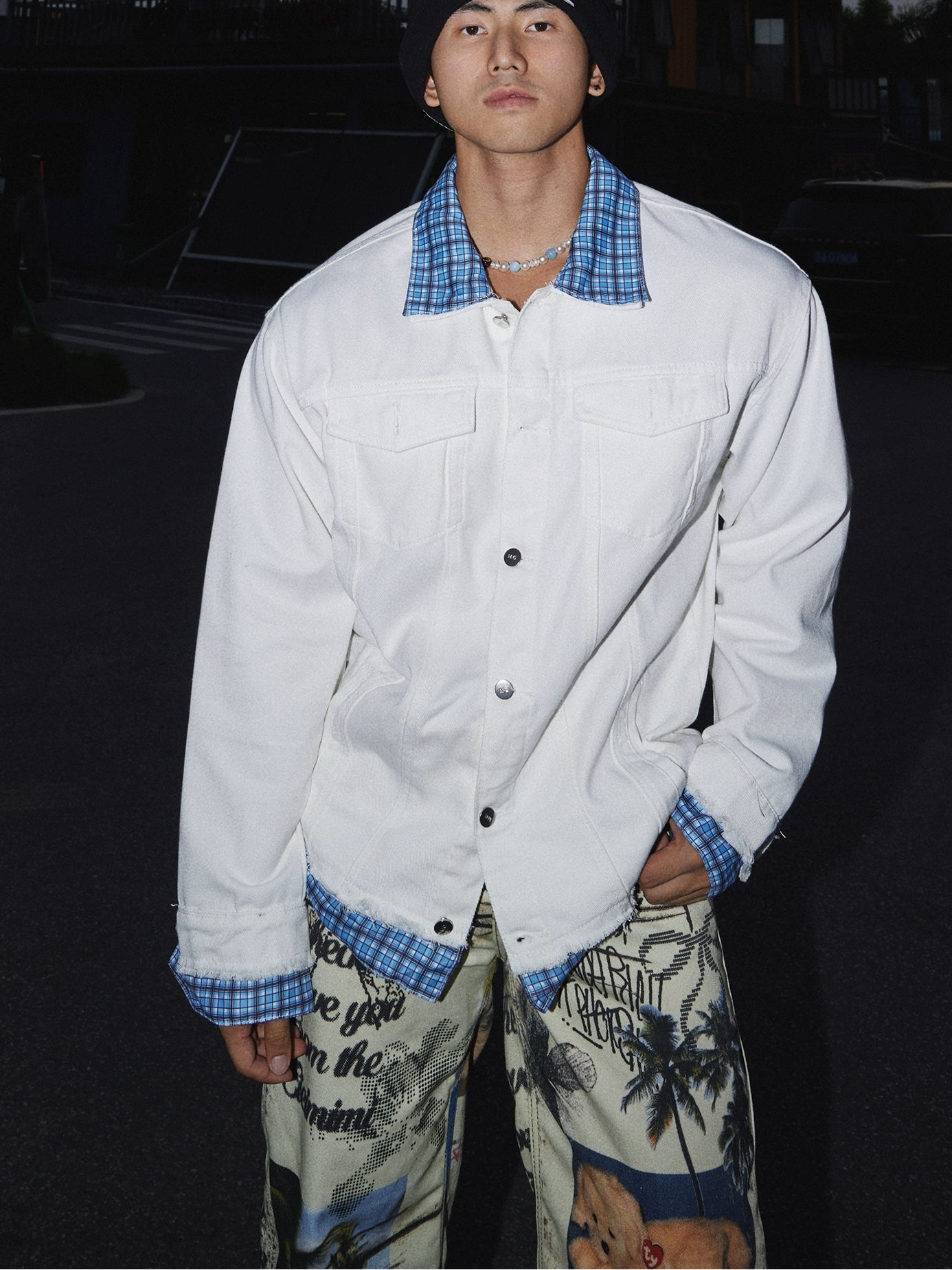 Layered Plaid Collar Denim Jacket