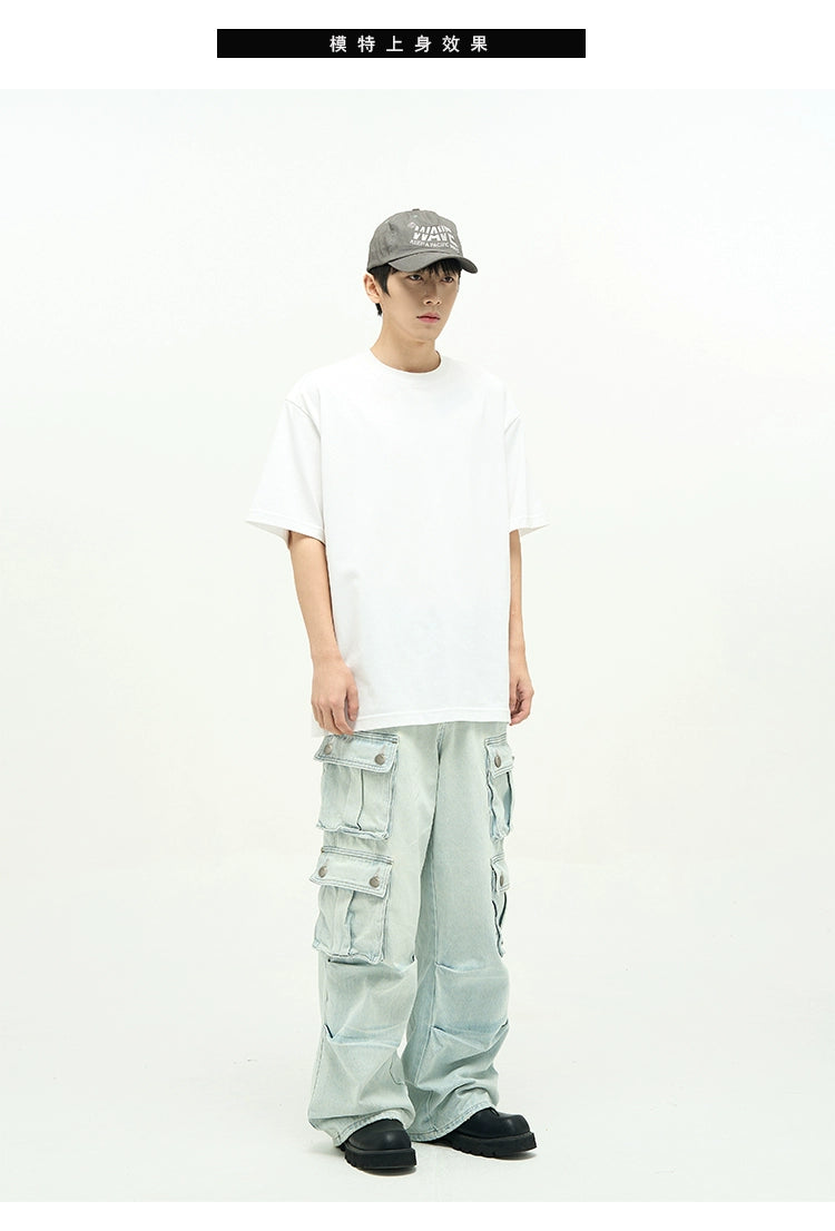 Light Wash Baggy Cargo Jeans with Multiple Flap Pockets